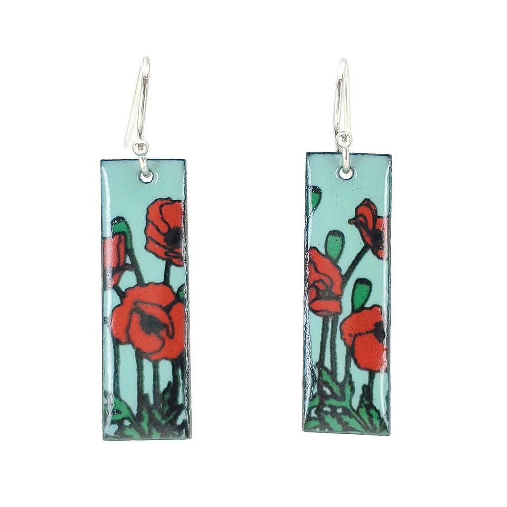 Earrings - Red Poppies Slim Rectangle (Turquoise) by Magpie Mouse