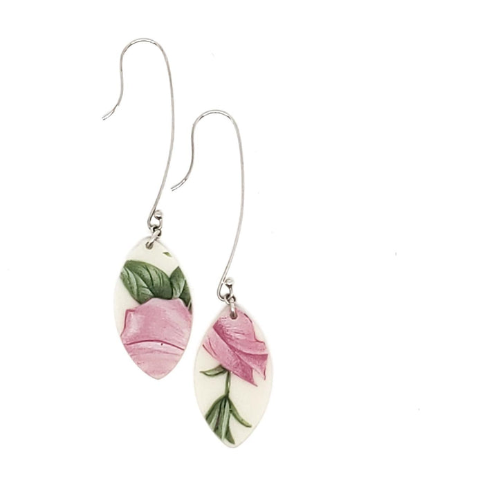 Earrings - Long Pink Floral Vintage China by Material+Movement
