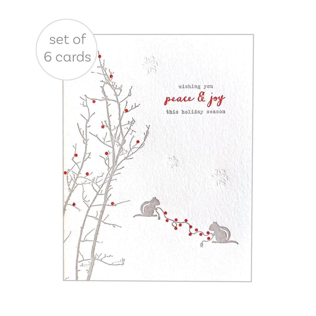 Holiday - Set of 6 - Chipmunks Wishing You Peace & Joy Letterpress Cards by Lark Press