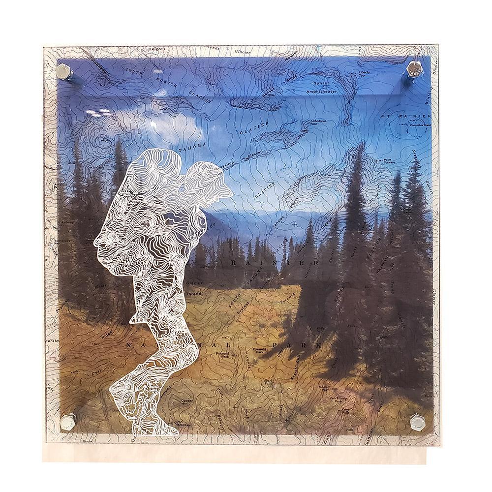 Wall Art - 12x12in - Rainier Eastbound Hiker with Ballcap Floating Frame Map by Modern Terrain