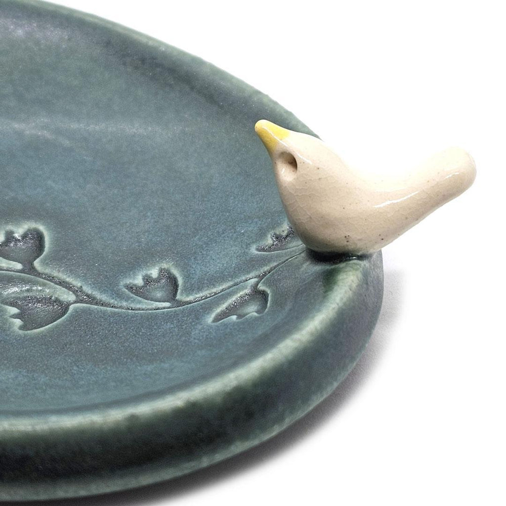 Oval Ring Dish - White Bird with Flowers (Dark Teal) by Tasha McKelvey