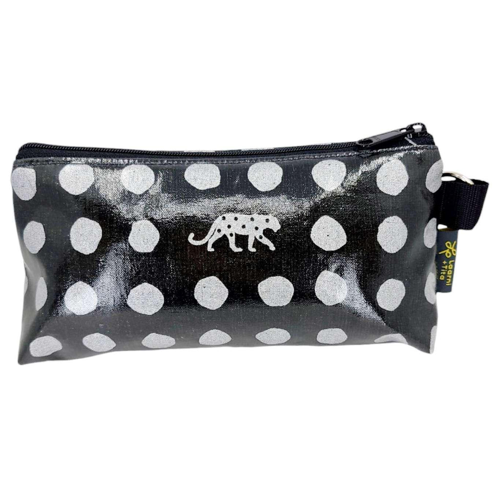 Makeup Bag - Small - Silver Leopard and Dots on Black by Laarni and Tita