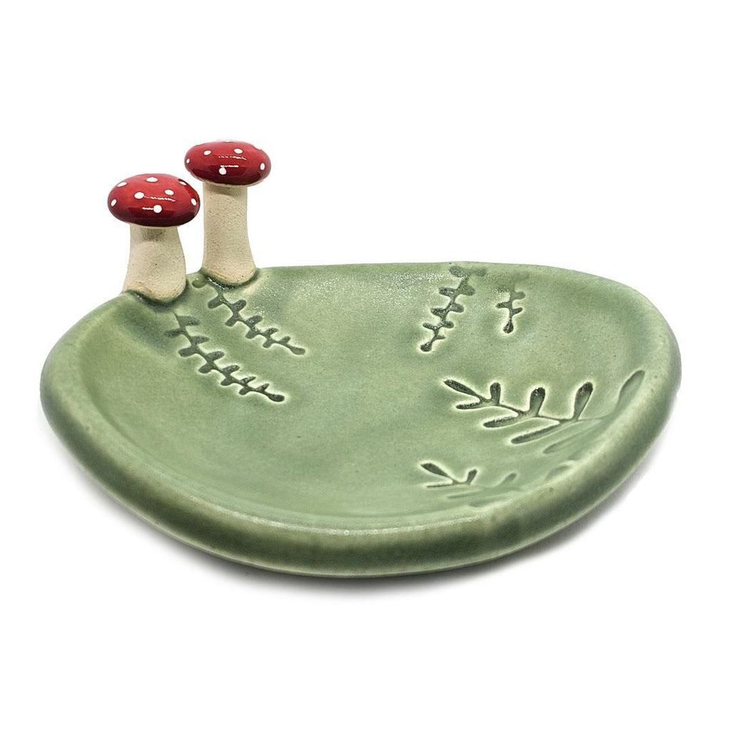 Oval Ring Dish - Red Mushrooms and Fern Fronds (Green) by Tasha McKelvey