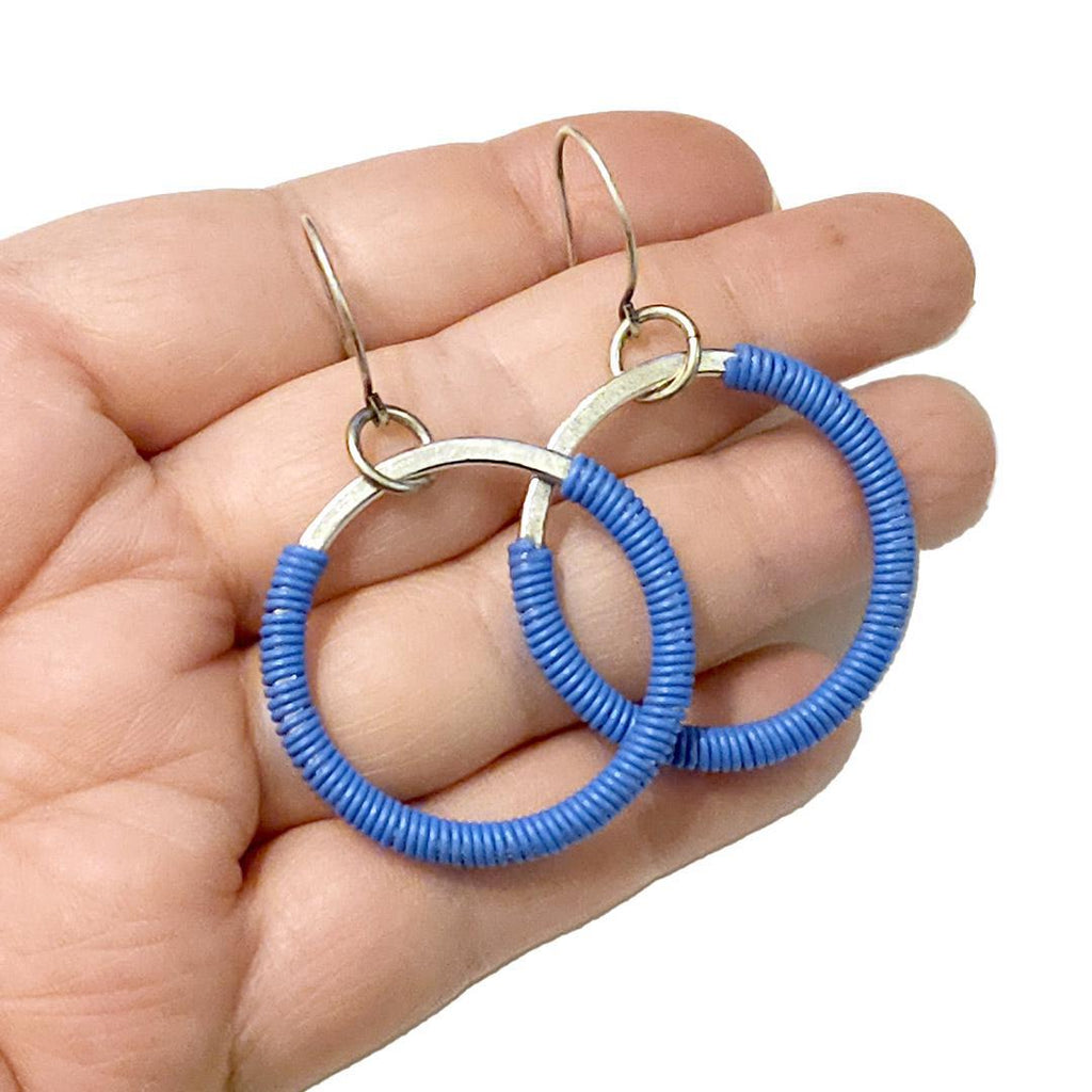 Earrings - Large Circles - Blue Communication Wire by XV Studios