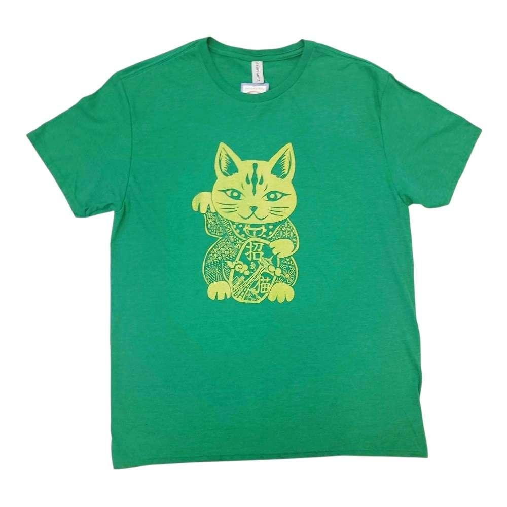 Adult Tee - Lucky Cat on Kelly Green Crewneck Tee by Namu