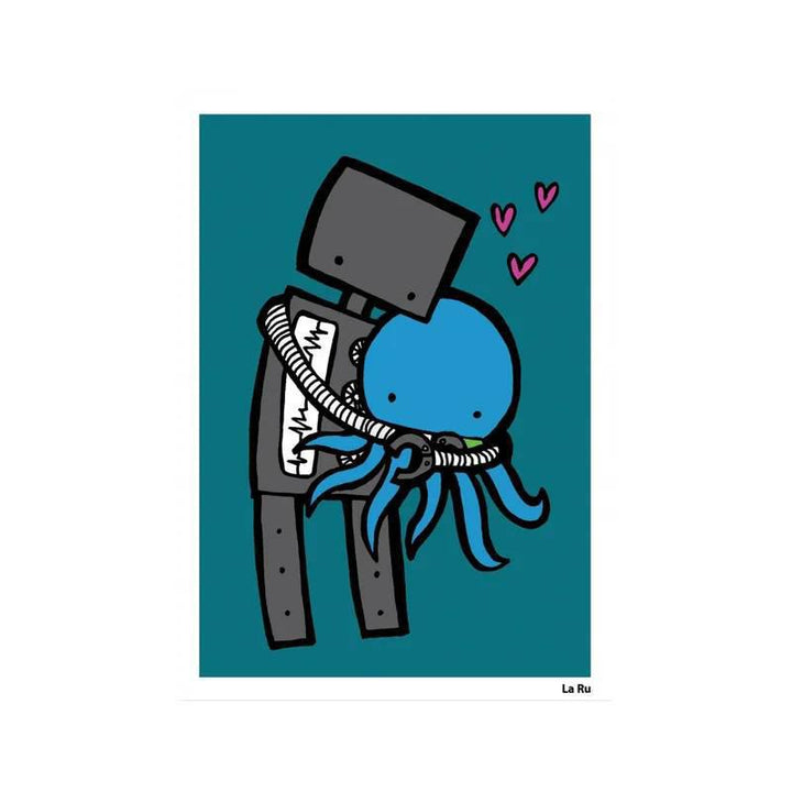 Art Print - Robot Hugging Octopus by LaRu