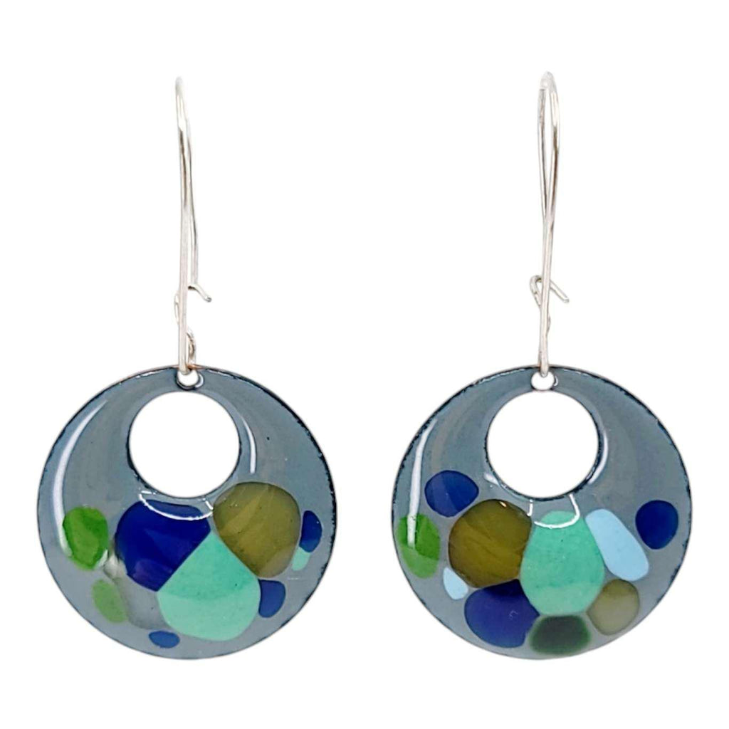 Earrings - Offset Circle (Blue Blobs on Gray) by Magpie Mouse Studios