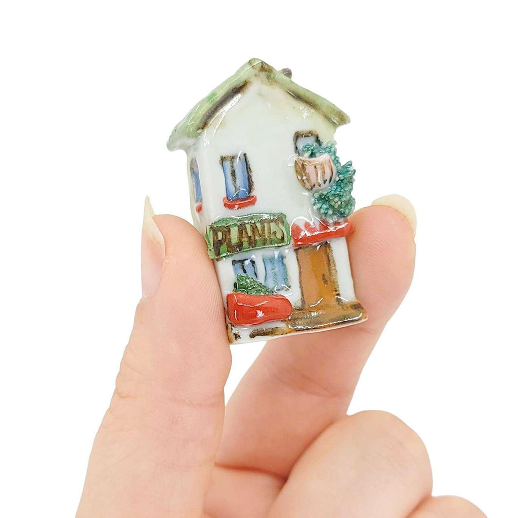 Collectible - Tiny House - Plants (White Walls, Green Roof, Brown Door) by Mist Ceramics