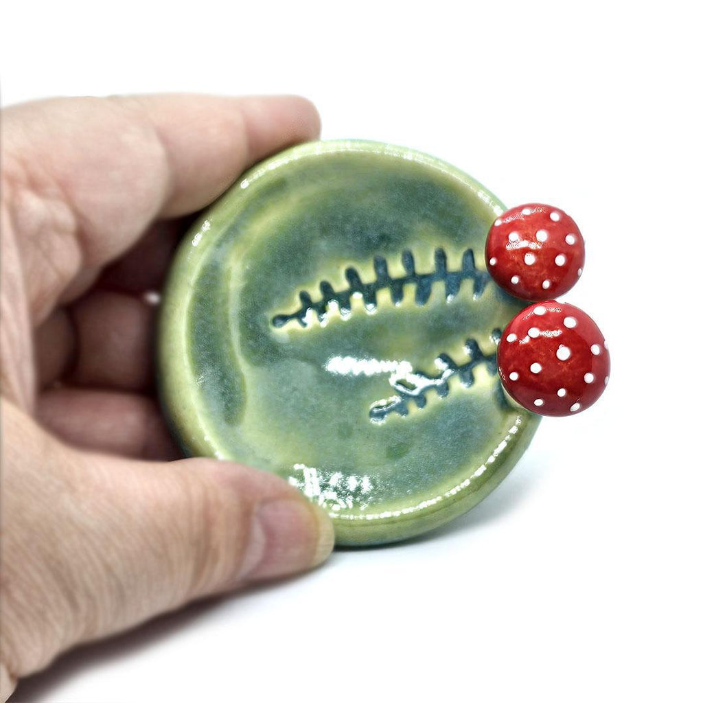 Round Ring Dish - Red Mushrooms and Fern Fronds (Small Green) by Tasha McKelvey