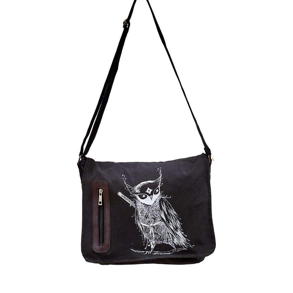 Laptop Bag - Samurai Owl White Ink on Black Canvas Bag by Namu