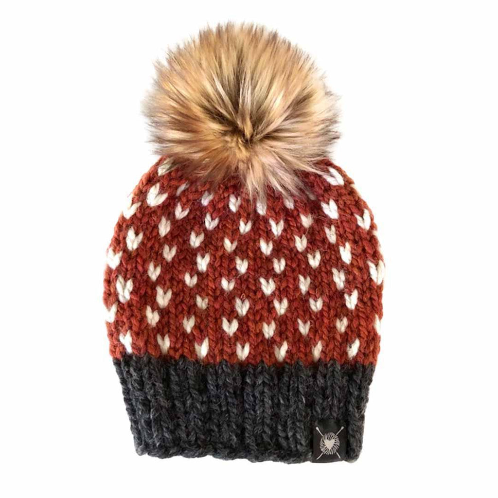 Beanie - Classic Blended Fiber Pom in Light Hearts on Copper and Gray with Golden Tan Faux Fur by Nickichicki