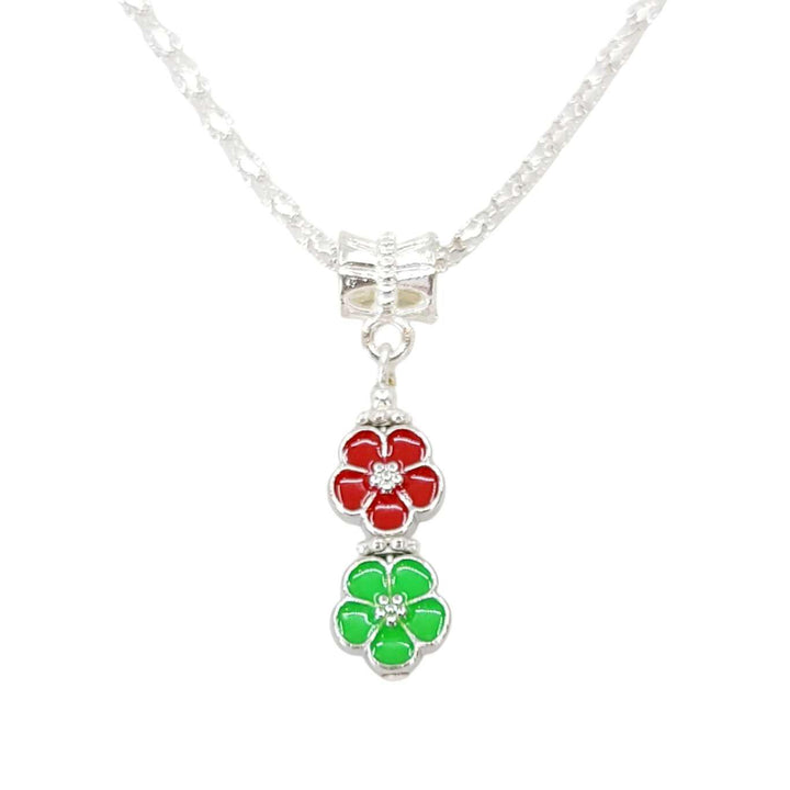 Necklace - Double Small Flower Pendant (Red Green, Silver Plate) by Tiny Aloha