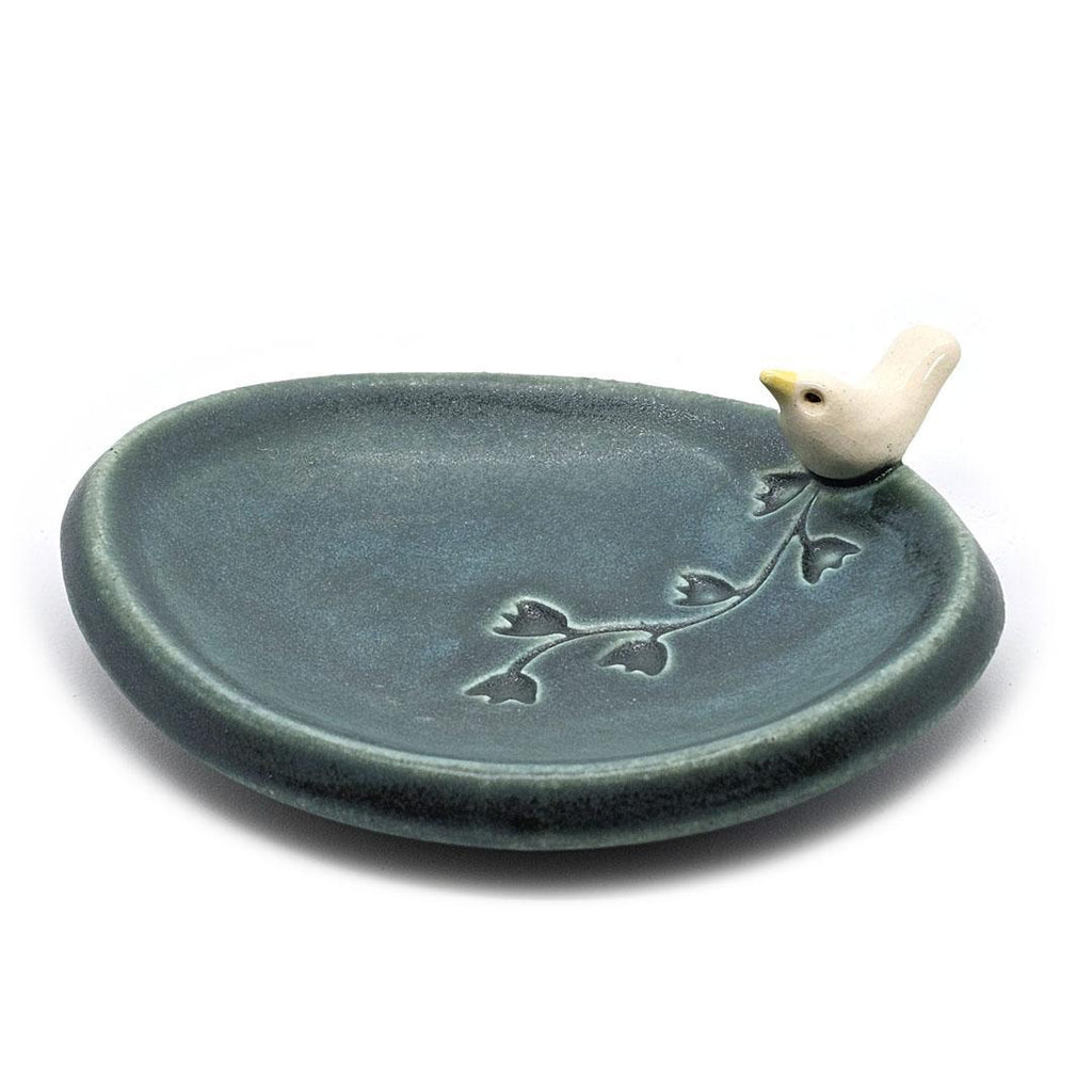 Oval Ring Dish - White Bird with Flowers (Dark Teal) by Tasha McKelvey