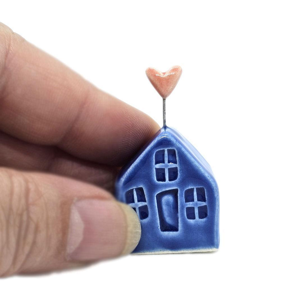 Tiny Pottery House - Dark Blue with Pink Heart by Tasha McKelvey