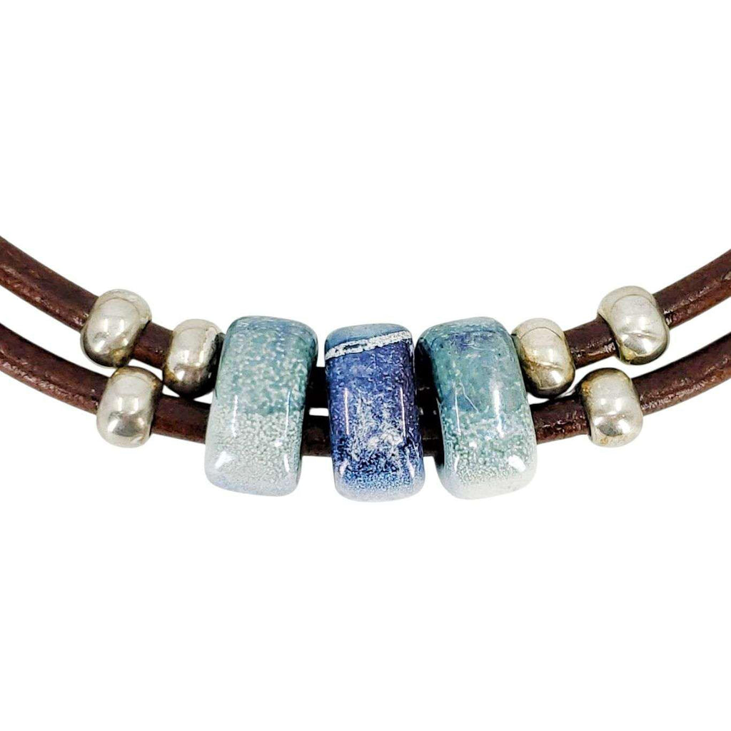 Necklace - Hummingbird (Blue Green Ceramic, Tobacco Leather, Silver) by Diana Kauffman