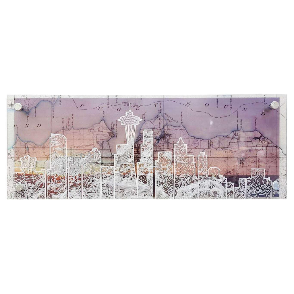 Wall Art - 16x6in - Seattle Skyline Dusk Floating Frame Map by Modern Terrain