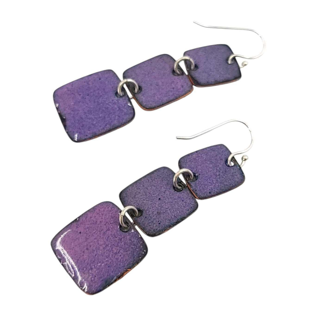 Earrings - Triple Square Drop (Green Palm Leaves on Soft Purple) by Magpie Mouse Studios