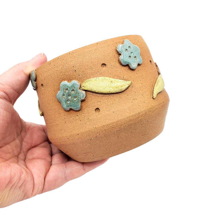 Planter Pot - M - Stoneware Teal Flowers Green Leaves (White Interior) by Kathy Manzella Ceramics