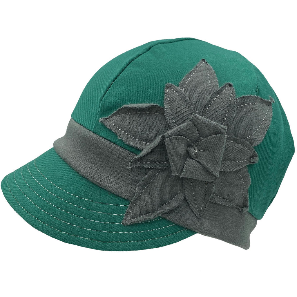 Adult Hat - Organic Jersey Weekender in Teal with Gray Band and Flower by Hats for Healing