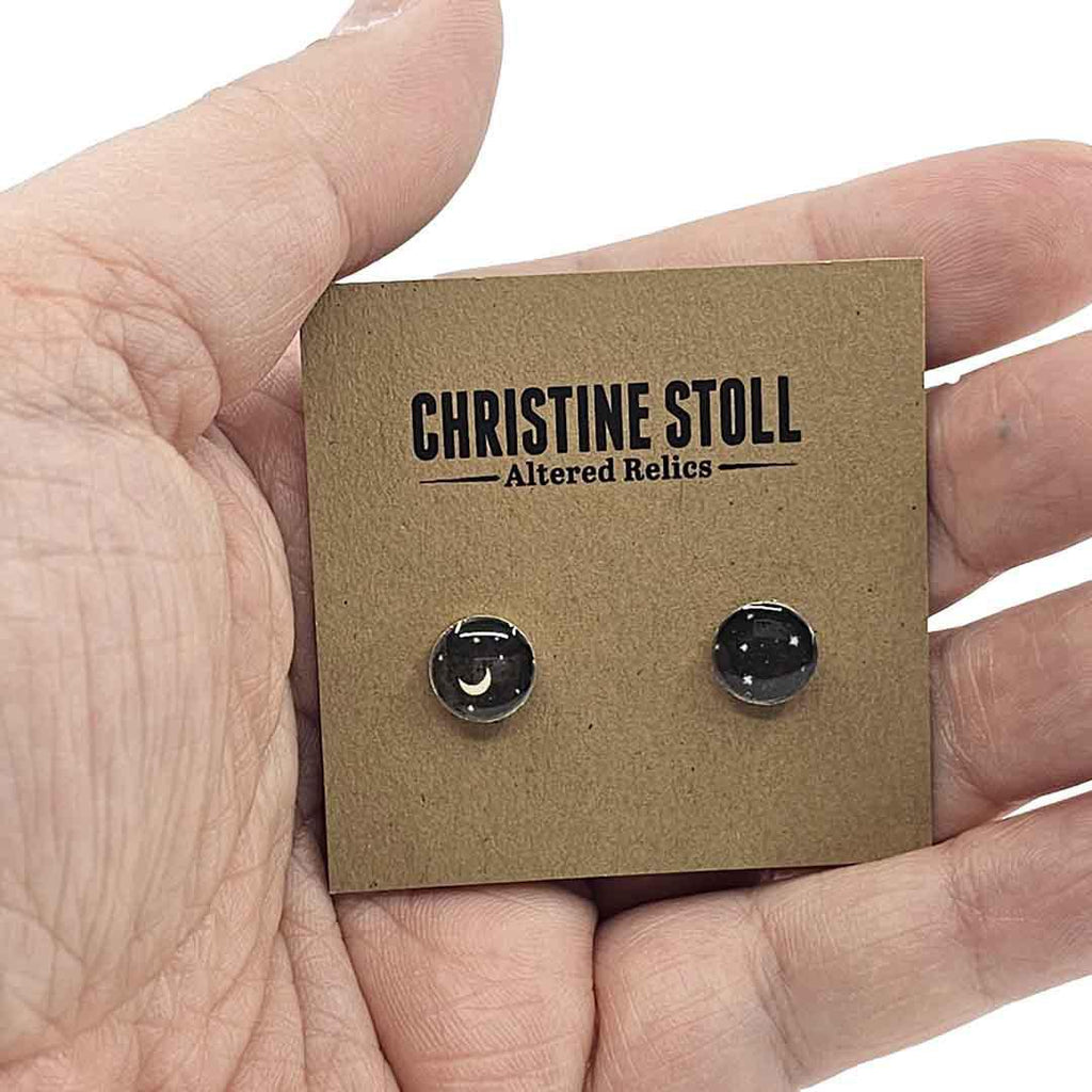 Earrings - Tiny Posts - Moon and Stars Antiqued Silver by Christine Stoll | Altered Relics