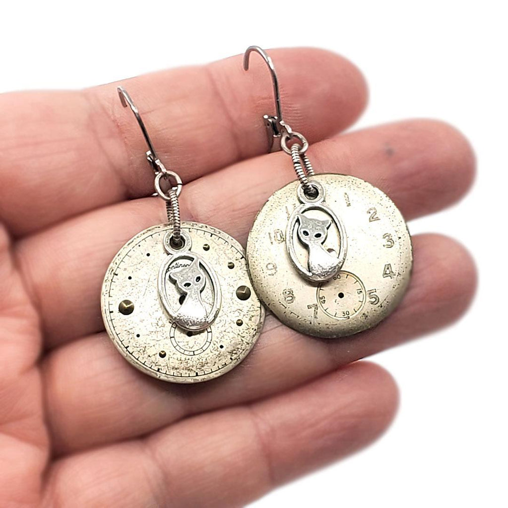 Earrings - Silver Cat Watch Dials by Christine Stoll Studio