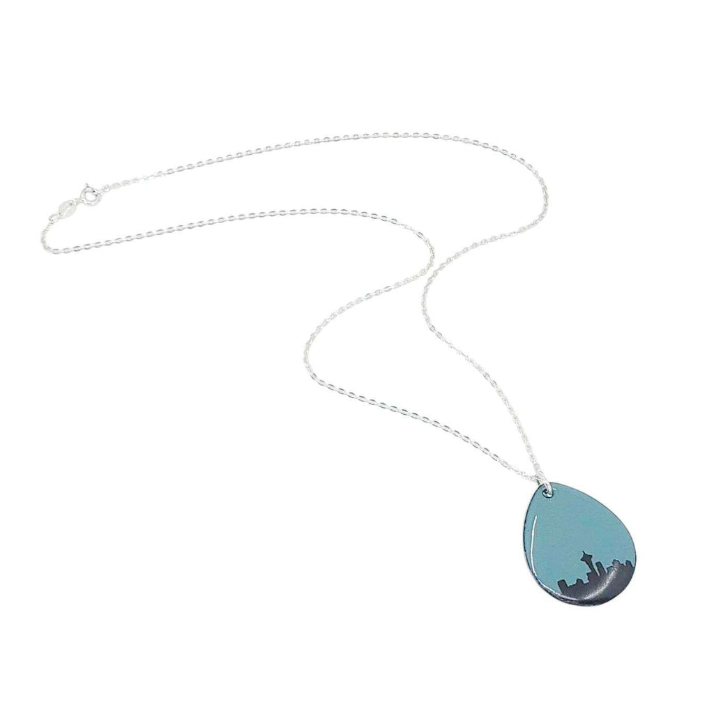 Necklace - Seattle Skyline Large Teardrop (Gray Turquoise) by Magpie Mouse Studios