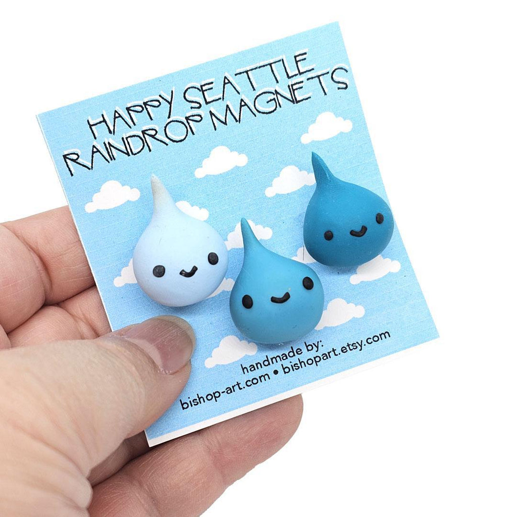 Magnet - Set of 3 - Happy Seattle Raindrops (Assorted Blues) by bishopart