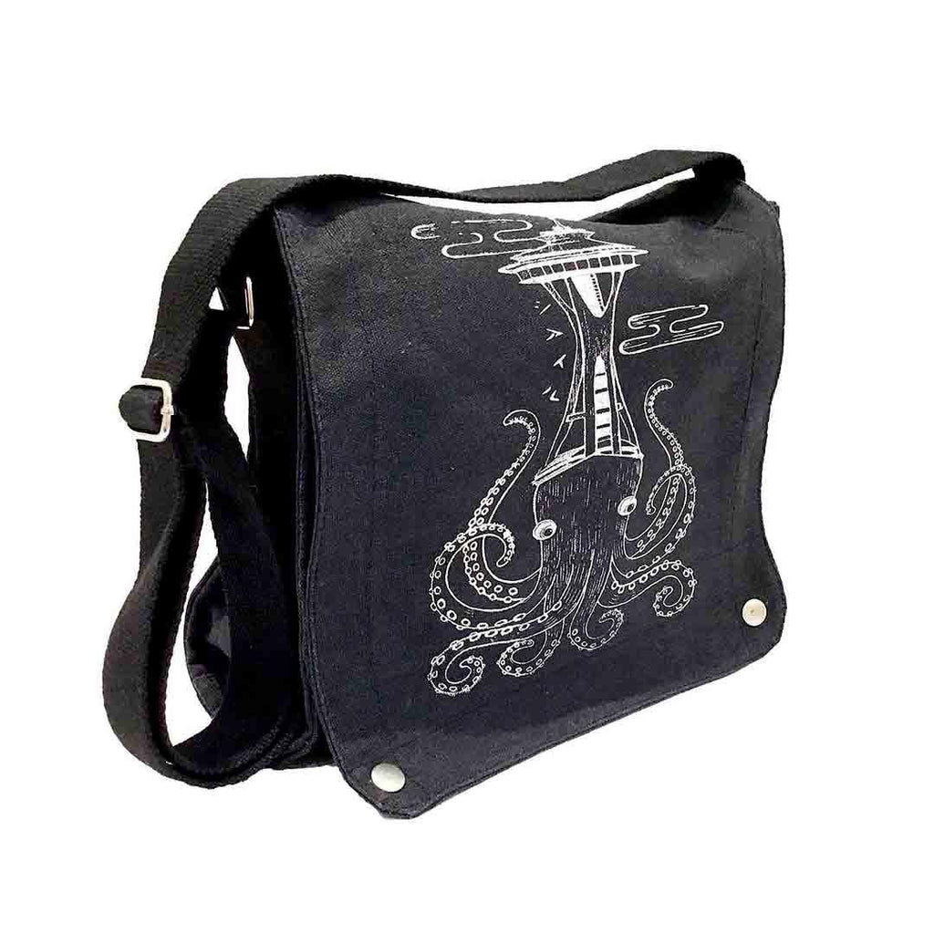 Messenger Bag - White Octopus Space Needle on Black Canvas Bag by Namu