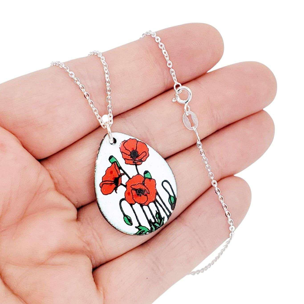 Necklace - Red Poppies Large Teardrop (White) by Magpie Mouse Studios