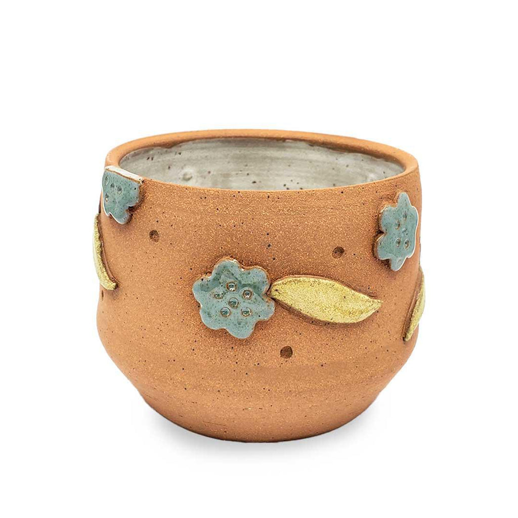Planter Pot - M - Stoneware Teal Flowers Green Leaves (White Interior) by Kathy Manzella Ceramics