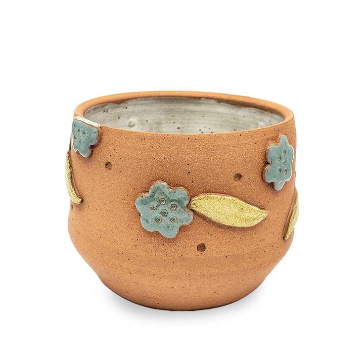 Planter Pot - M - Stoneware Teal Flowers Green Leaves (White Interior) by Kathy Manzella Ceramics