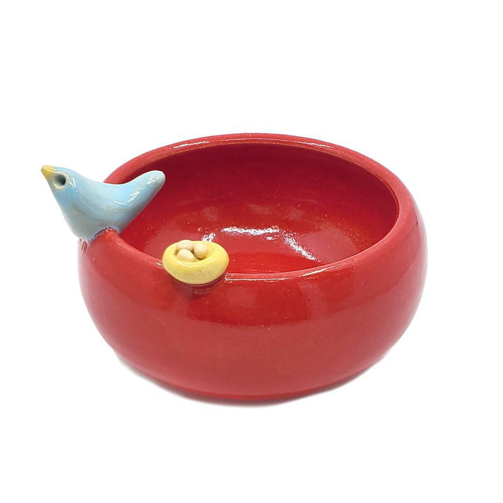 Small Bowl - Red with Nest (Light Blue Bird) by Tasha McKelvey