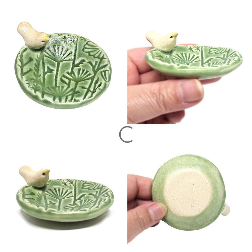 Round Ring Dish - White Bird Floral (Light Green Matte) by Tasha McKelvey