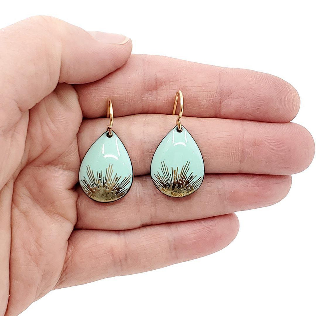 Earrings - Small Teardrop (Gold Starburst on Aqua) by Magpie Mouse Studios