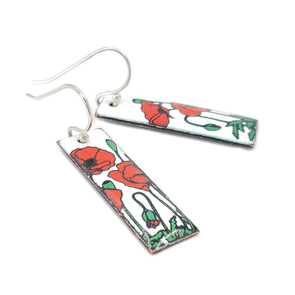 Earrings - Red Poppies Slim Rectangle (White) by Magpie Mouse