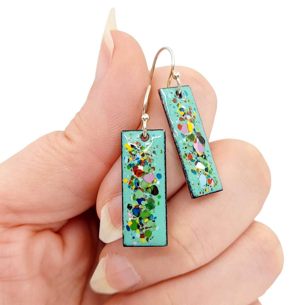 Earrings - Slim Rectangle Abstract Dots (Lt Blue Background) by Magpie Mouse Studios