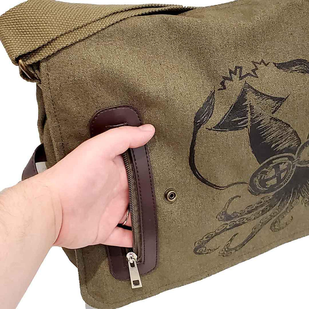 Laptop Bag - Science Squid Black on Olive Canvas Messenger Bag by Namu