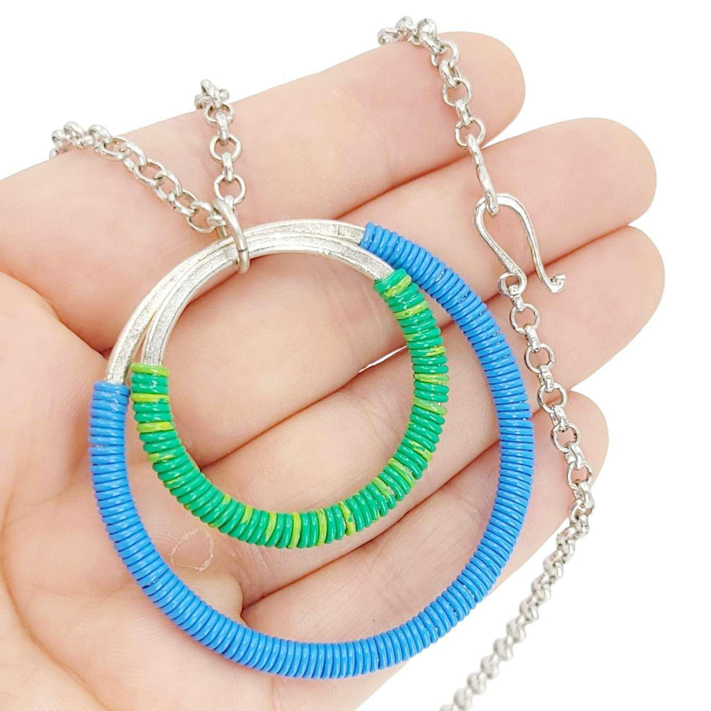 Necklace - Large Double Circle (Blue Green Telecom Wire) by XV Studios