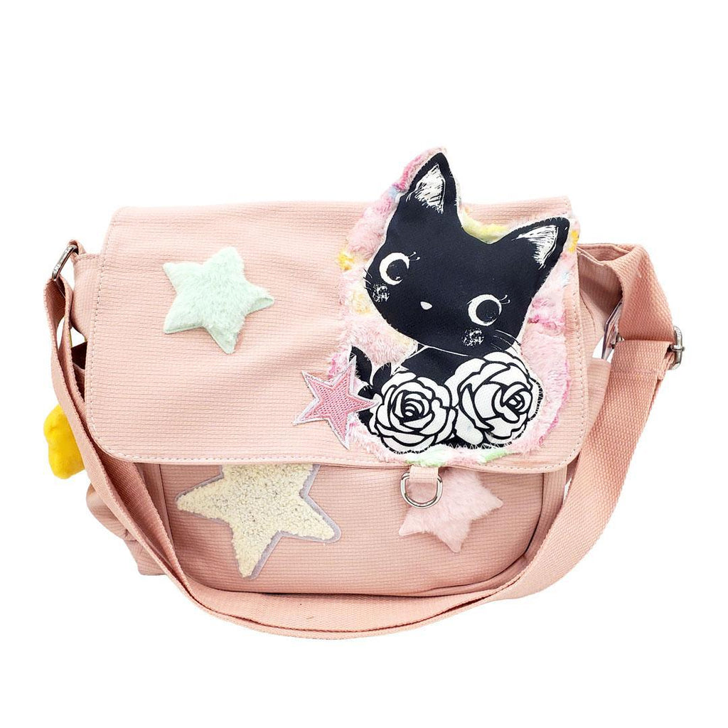 Messenger Bag - Cat Flowers Stars with Star Friend on Pink Bag by Namu