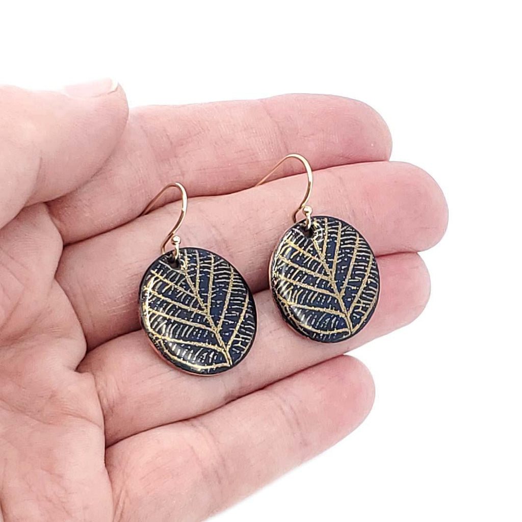 Earrings - Circle (Gold Leaf Skeleton on Midnight Blue) by Magpie Mouse Studios