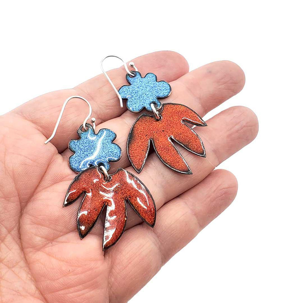 Earrings - Flower Pointy Leaf Dangle (Teal Orange) by Magpie Mouse Studios