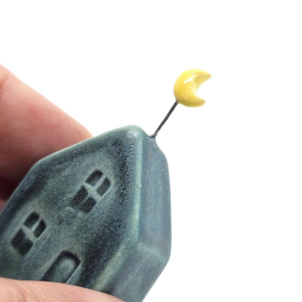 Tiny Pottery House - Teal with Moon by Tasha McKelvey