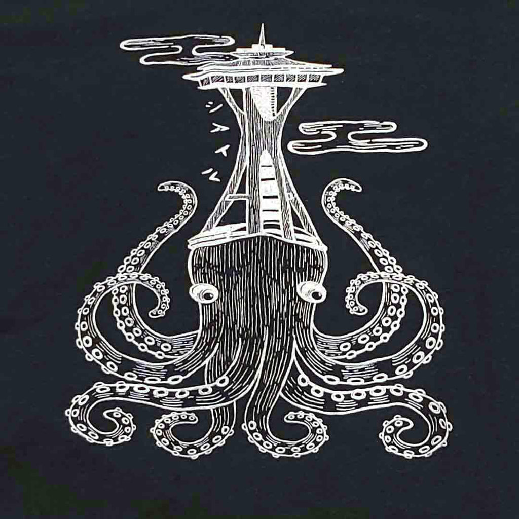 Adult Tee - Octo Space Needle on Solid Black Crewneck Tee by Namu