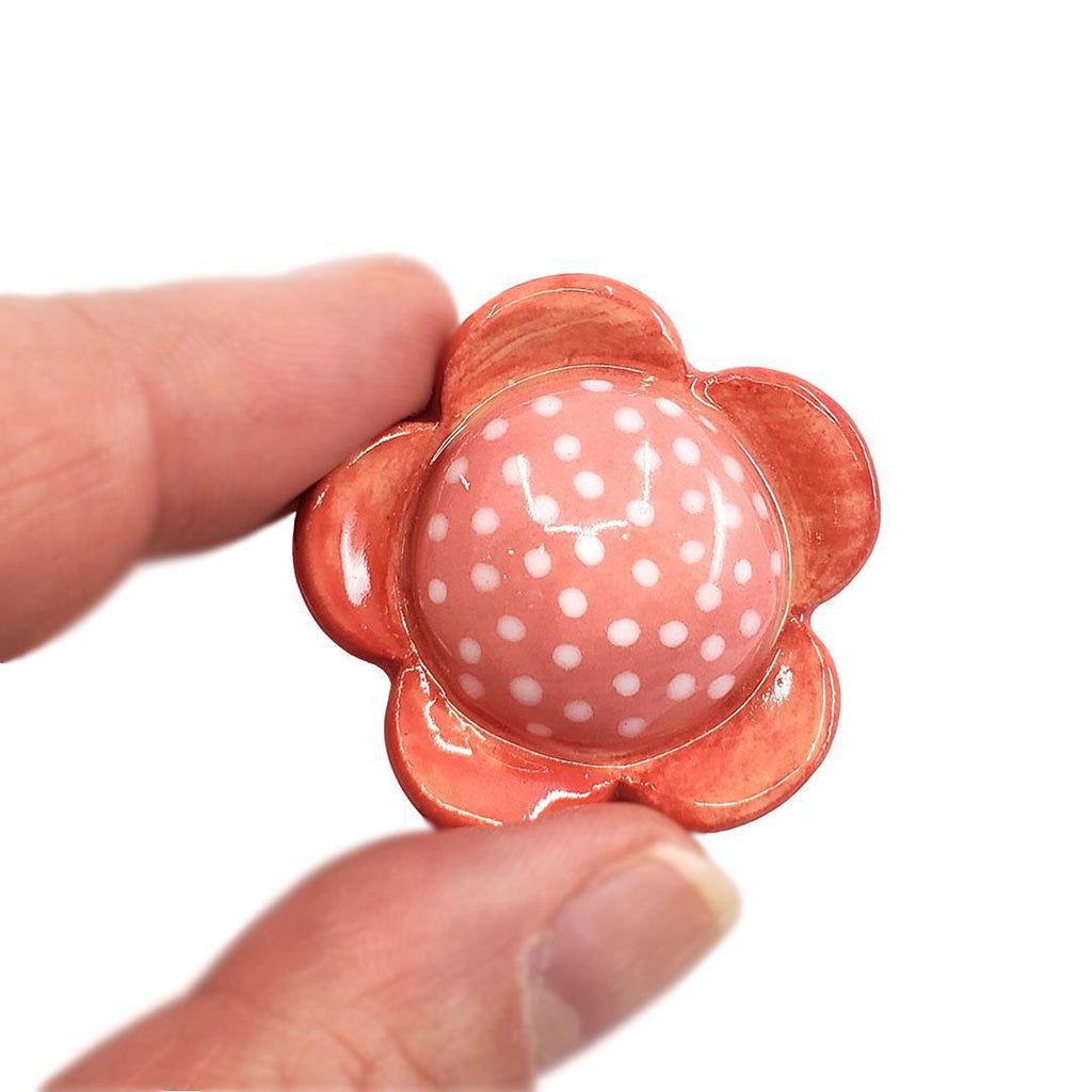 (20% Off) Ceramic Pin - Flower Dark and Light Pink with White Dots by Jennifer Fujimoto