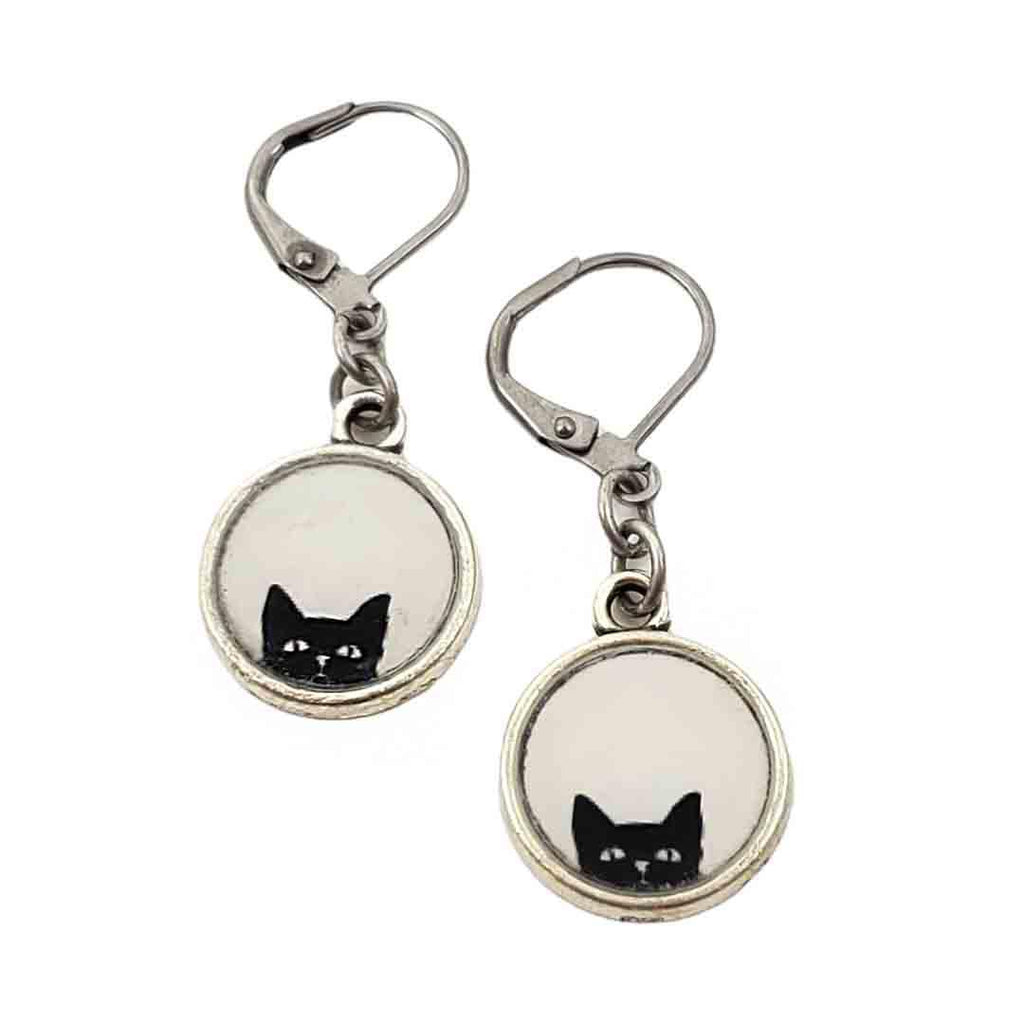 Earrings - Black Cat Antiqued Silver Dangles by Christine Stoll | Altered Relics