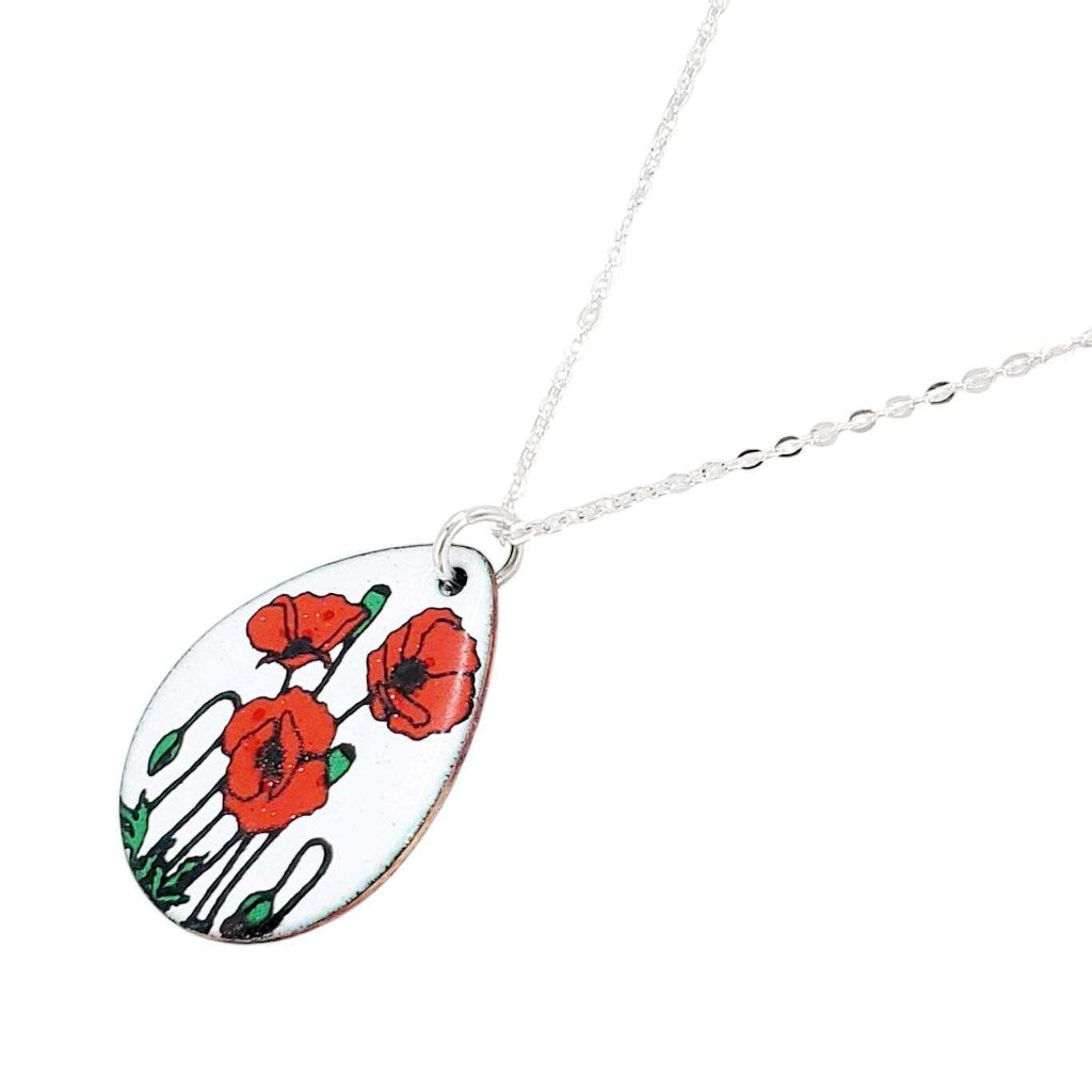 Necklace - Red Poppies Large Teardrop (White) by Magpie Mouse Studios