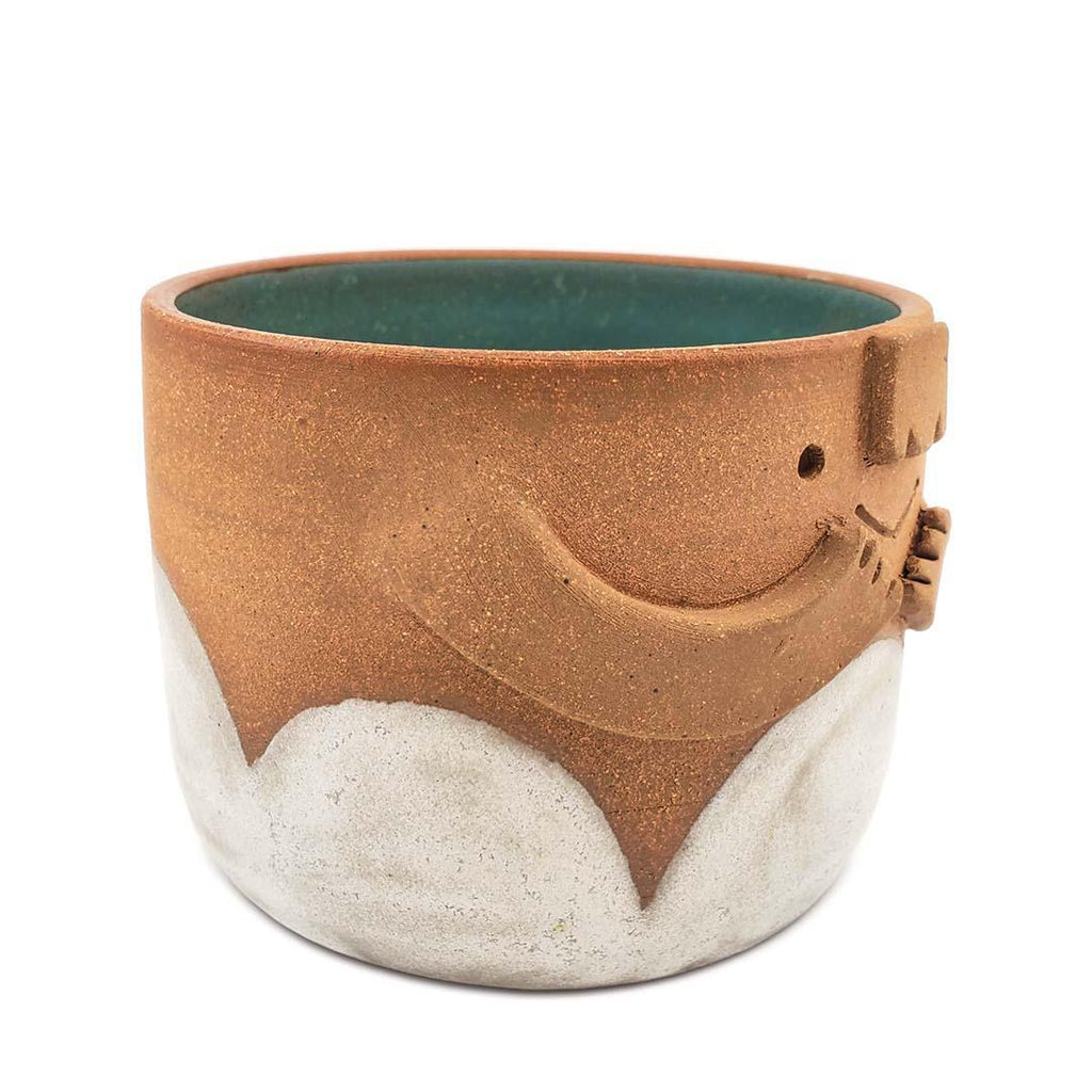 Friendly Pot -  M - Wide Smiling Face and White Scallops Cachepot (Teal Interior) by Kathy Manzella Ceramics