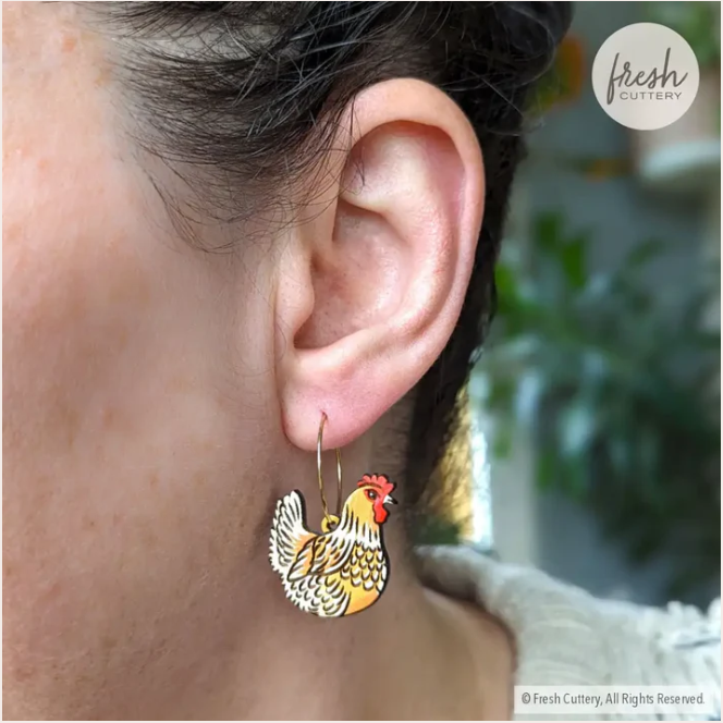 Earrings - Light Sussex Chicken (Silver Hoops) by Fresh Cuttery