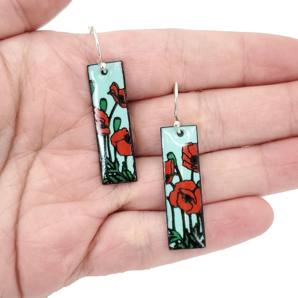 Earrings - Red Poppies Slim Rectangle (Turquoise) by Magpie Mouse