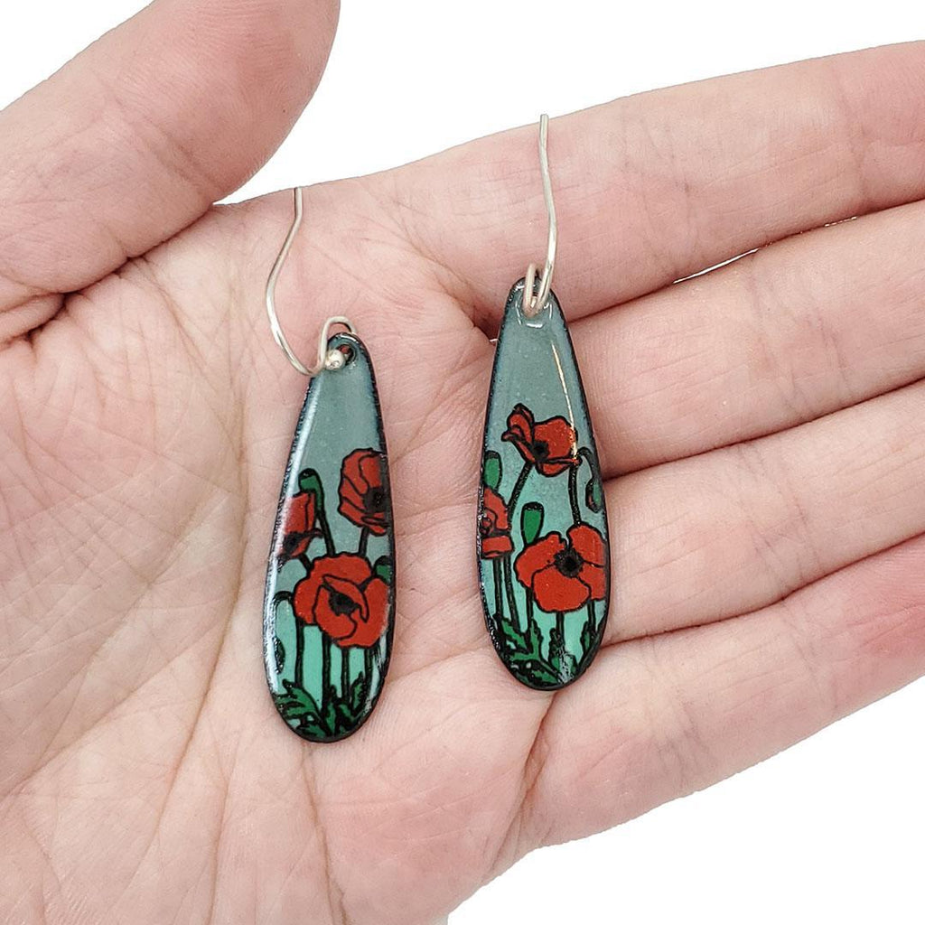 Earrings - Red Poppies Long Teardrop (Gray Turquoise) by Magpie Mouse Studios